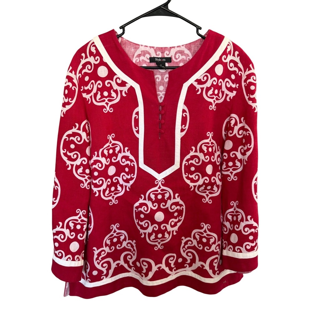 Style&Co Linen Blouse 14/Large Red Intricate Boho Beach Ethnic Resort Vacation